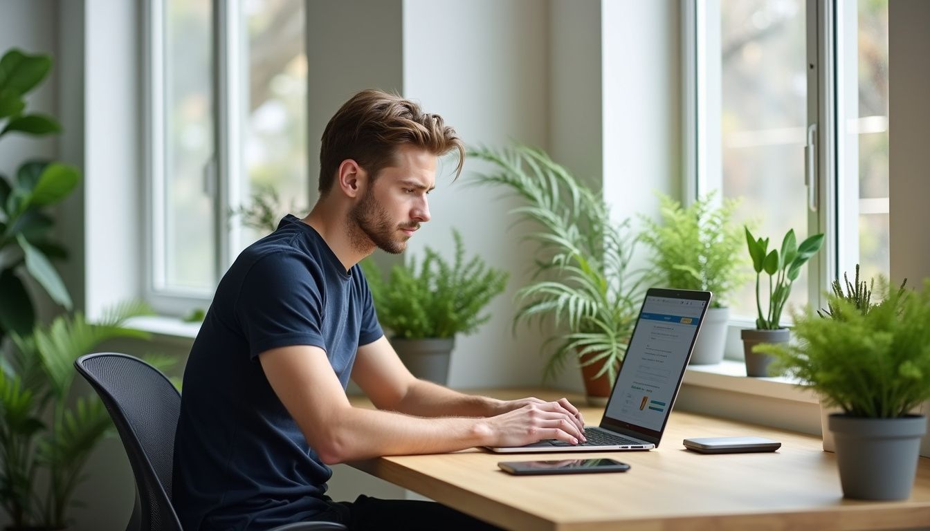 A man concentrates on his laptop in a modern office. A man concentrates on his laptop in a modern office.