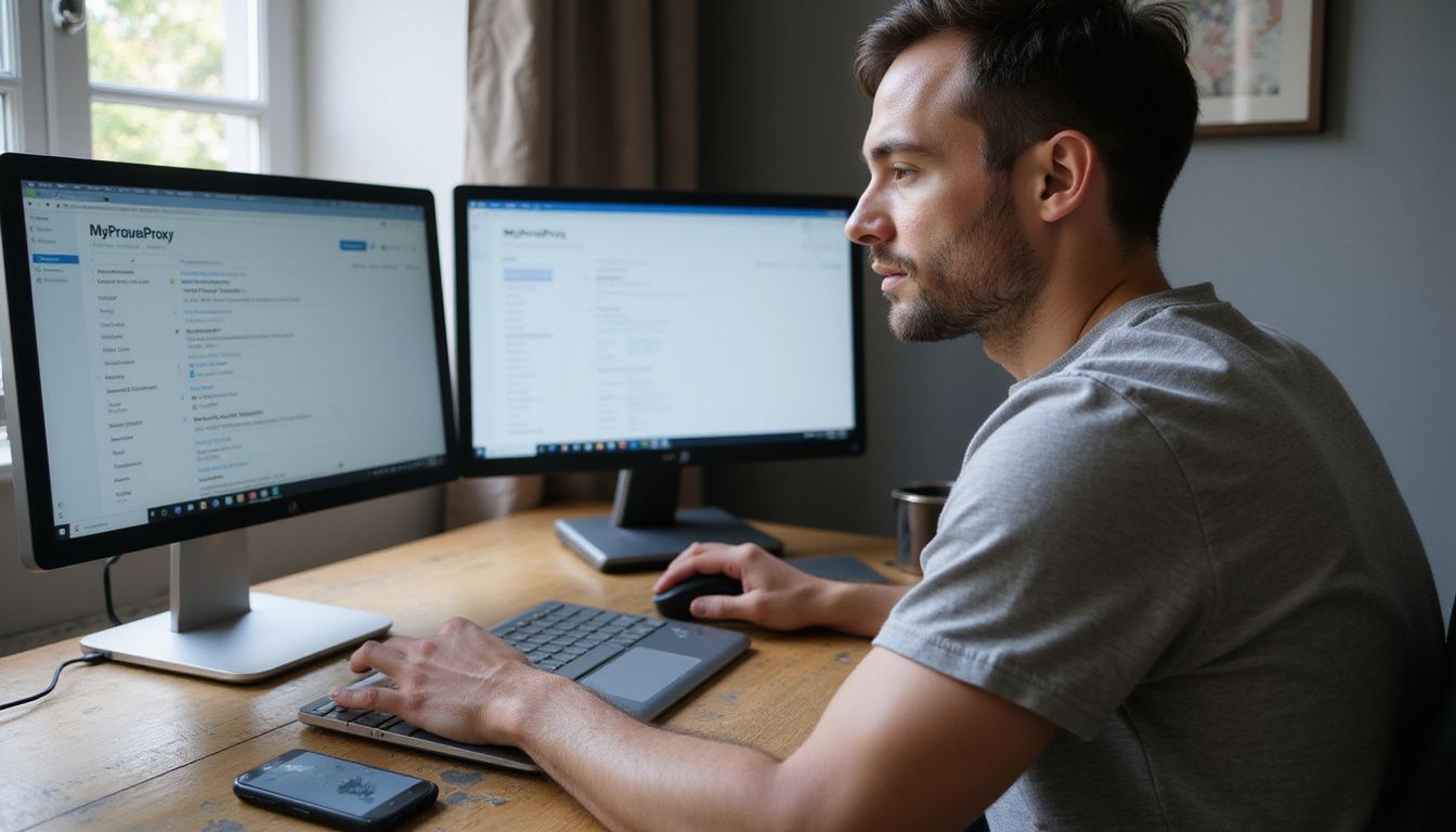 A man intensely focuses on multiple screens at a wooden desk.