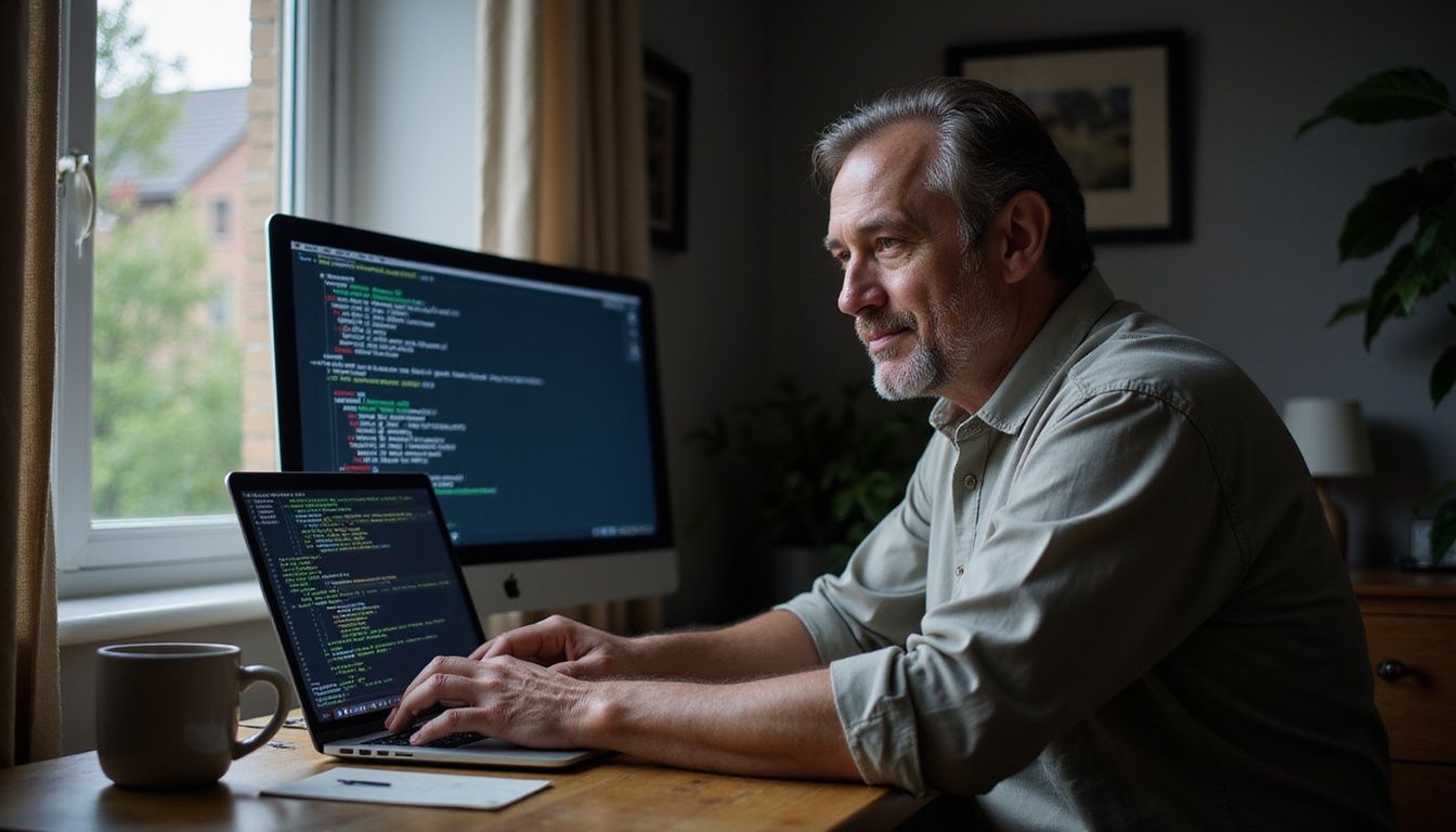 A middle-aged individual works intently at a cluttered wooden desk. A middle-aged individual works intently at a cluttered wooden desk.