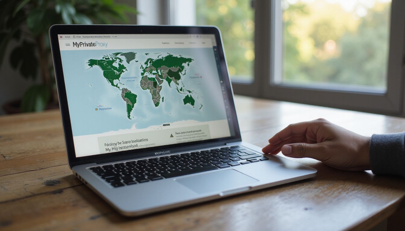 A laptop on a wooden desk displays MyPrivateProxy's website homepage. A laptop on a wooden desk displays MyPrivateProxy's website homepage.