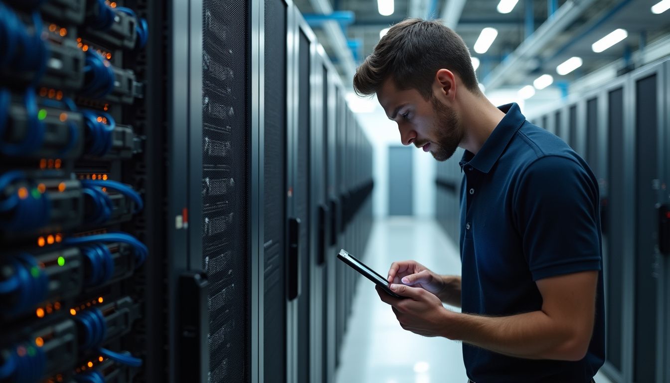 Technician monitors system metrics in a meticulously organized data center.