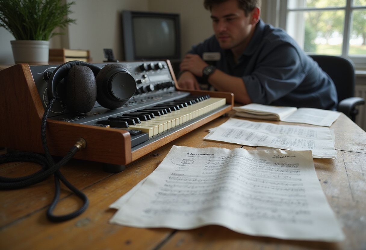 A musician working on an AI-powered digital audio workstation at a desk. A musician working on an AI-powered digital audio workstation at a desk.