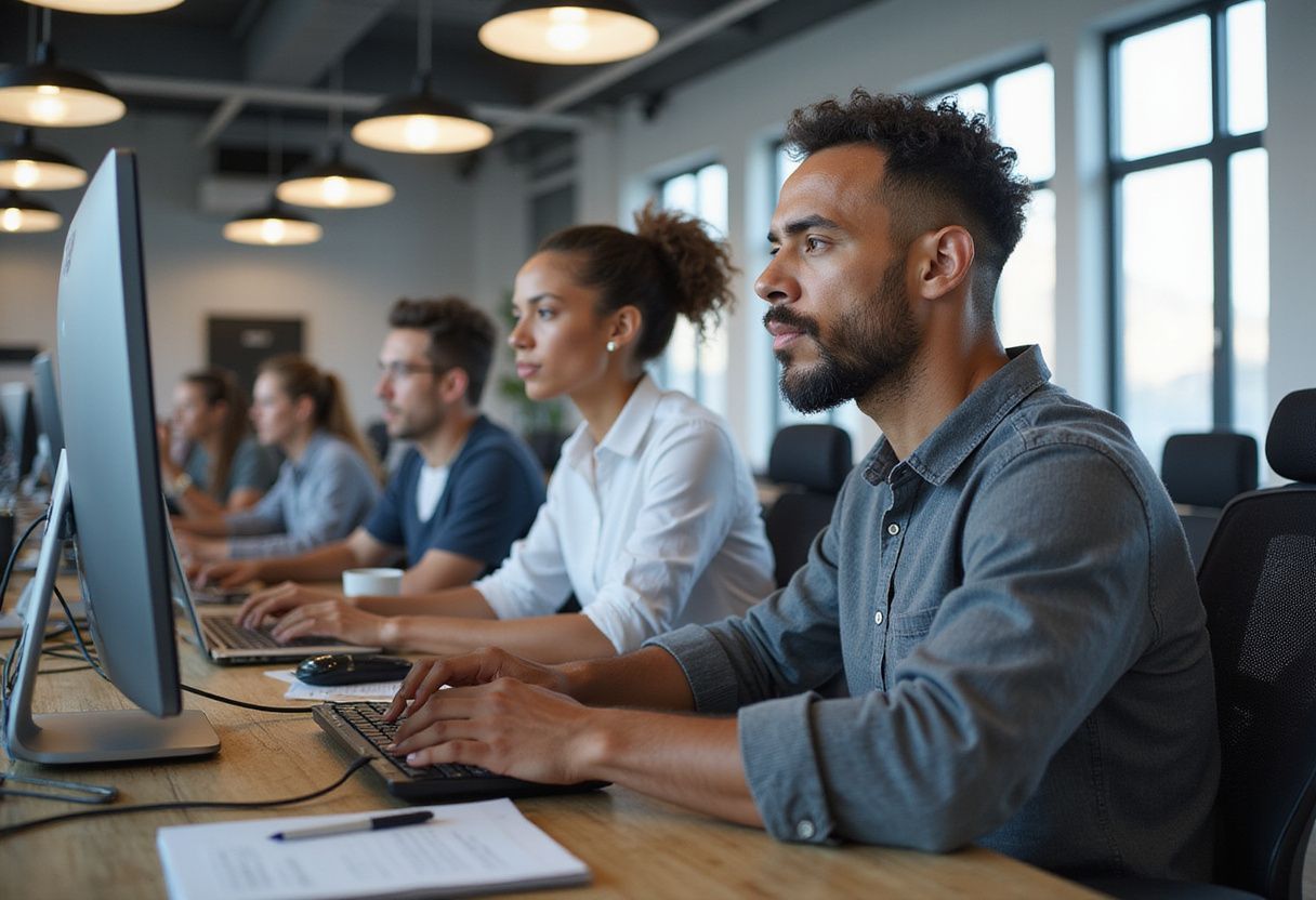 A vibrant office filled with engaged employees using advanced technology. A vibrant office filled with engaged employees using advanced technology.
