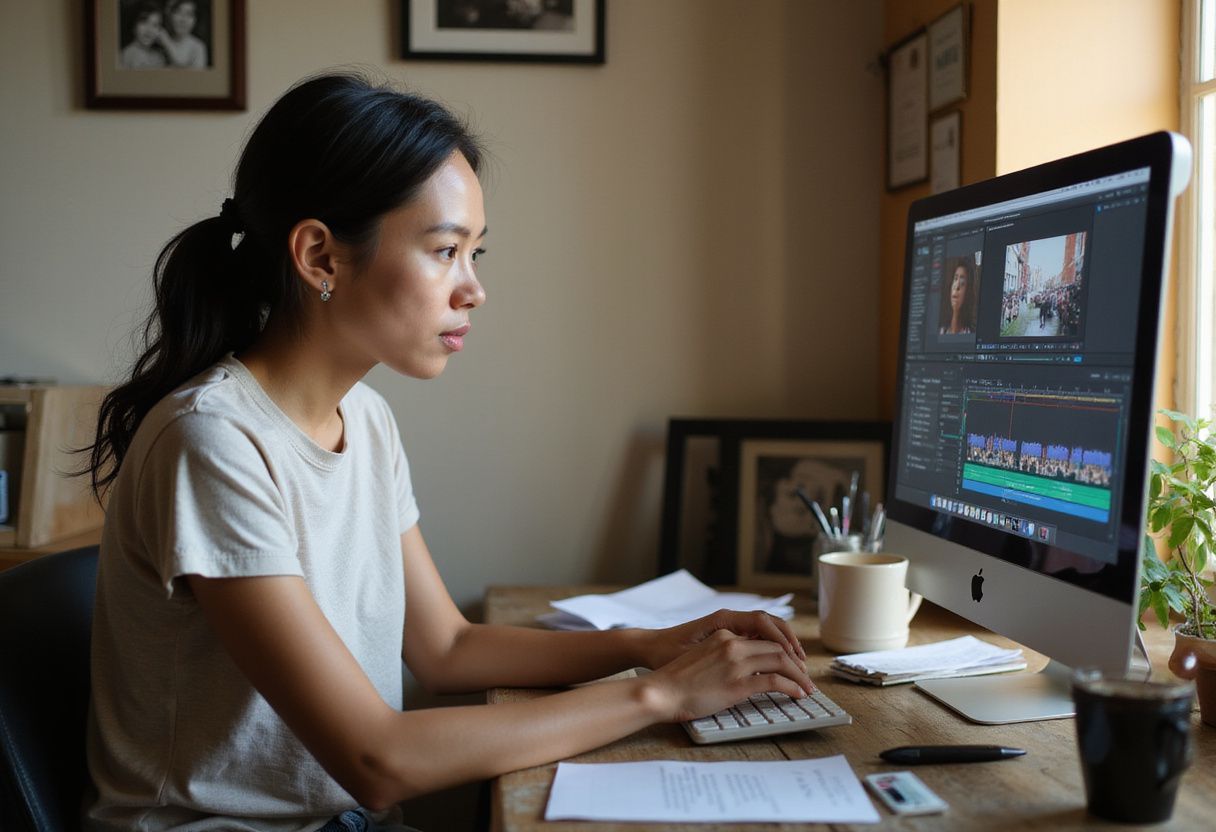 A woman focuses intently on video editing at her desk.