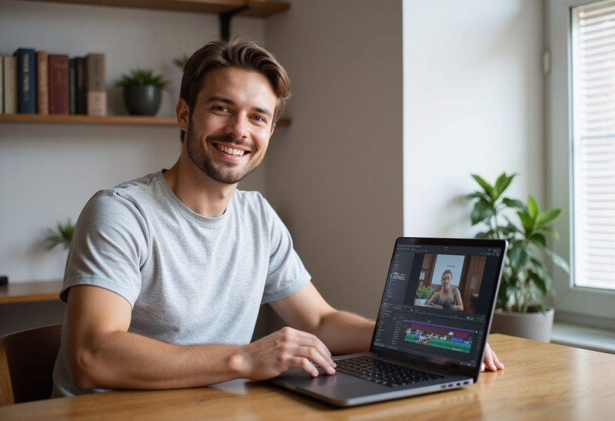 A man smiles while working on a laptop in a cozy workspace.