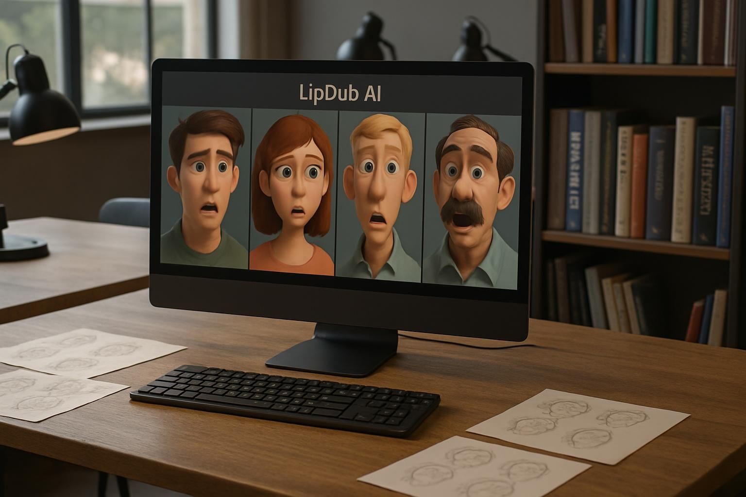 A modern animation studio features advanced technology and organized creative workspace.