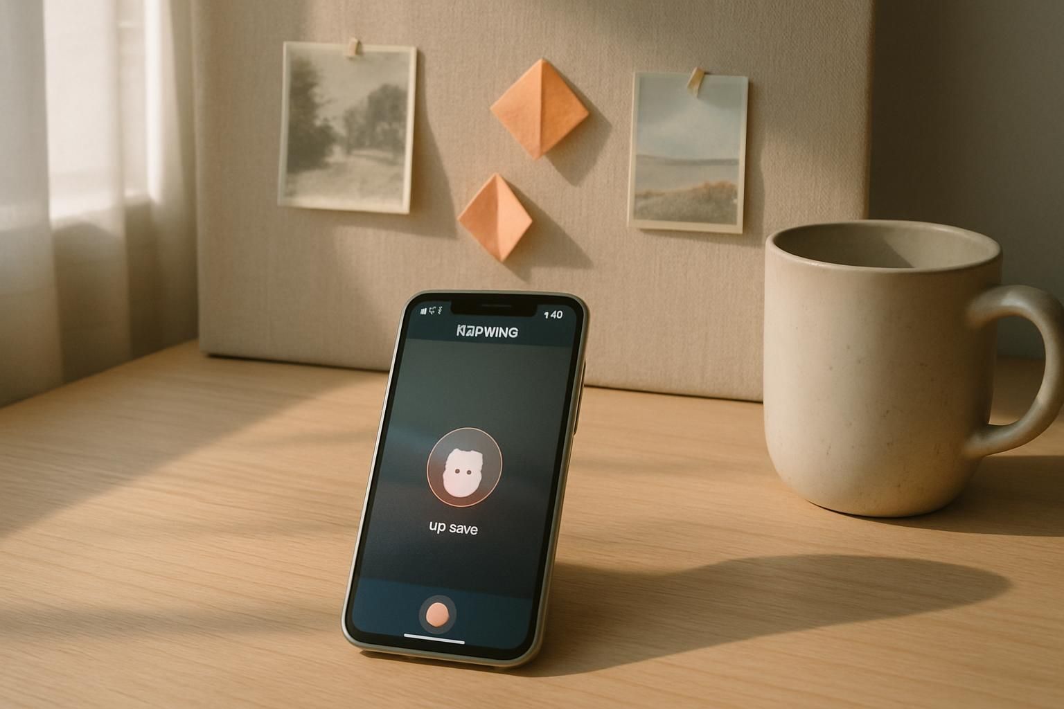 A modern smartphone captures a lip-sync video on a minimalistic table.