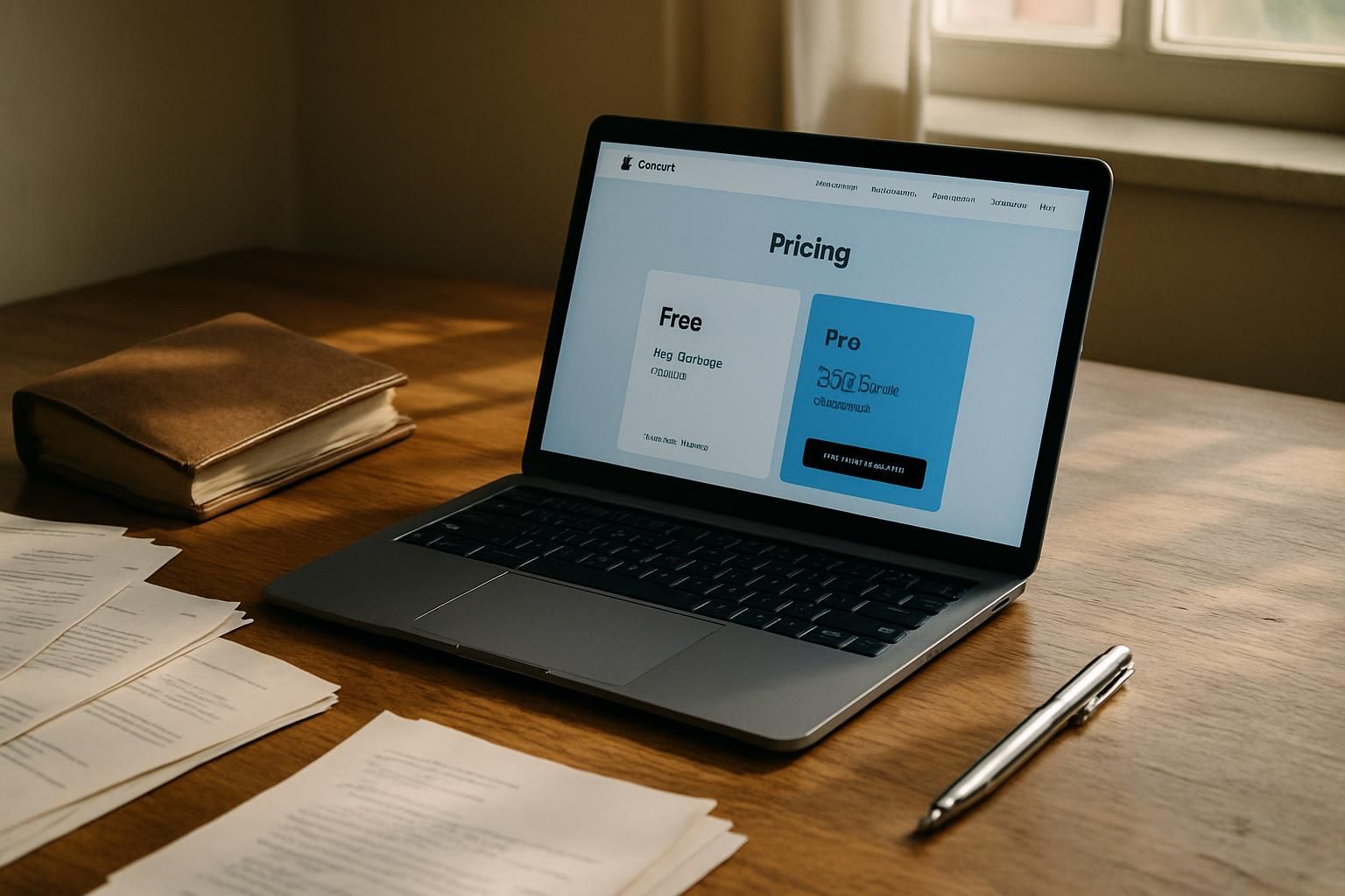 A cluttered desk features a laptop showing CapCut's pricing page.