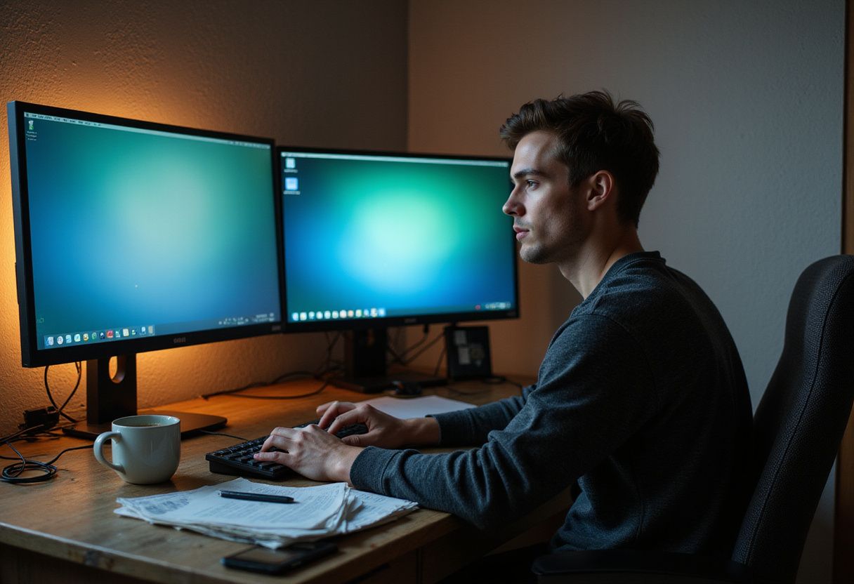 A focused individual types at a cluttered wooden desk.