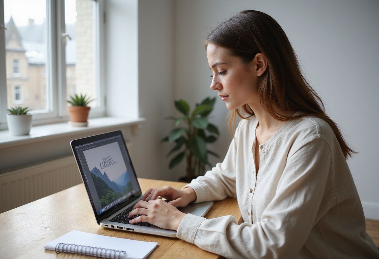 A focused young woman works on graphic design at a minimalist desk.