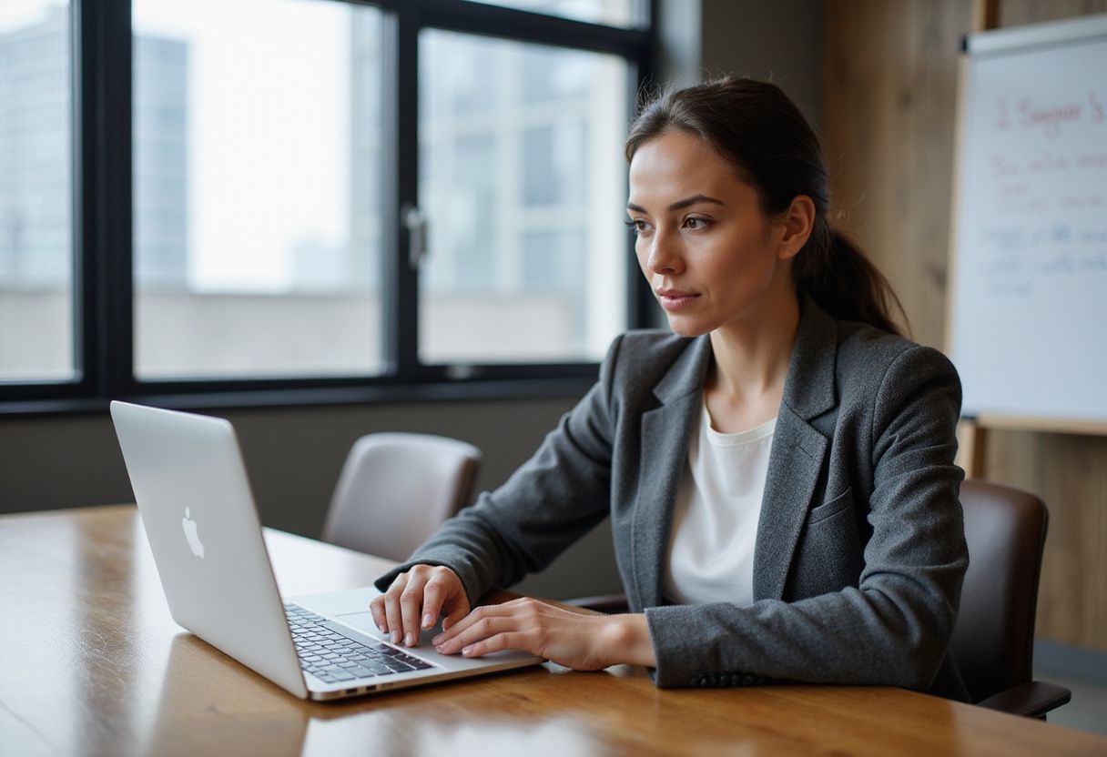 A woman in a blazer works focusedly on her laptop.