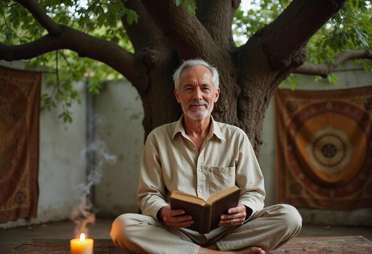 An older man meditates peacefully under a Bodhi tree, reading.