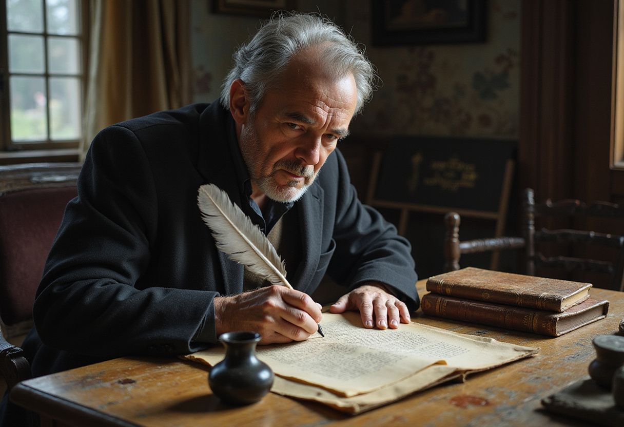 An elderly man writes thoughtfully at a worn wooden desk. An elderly man writes thoughtfully at a worn wooden desk.