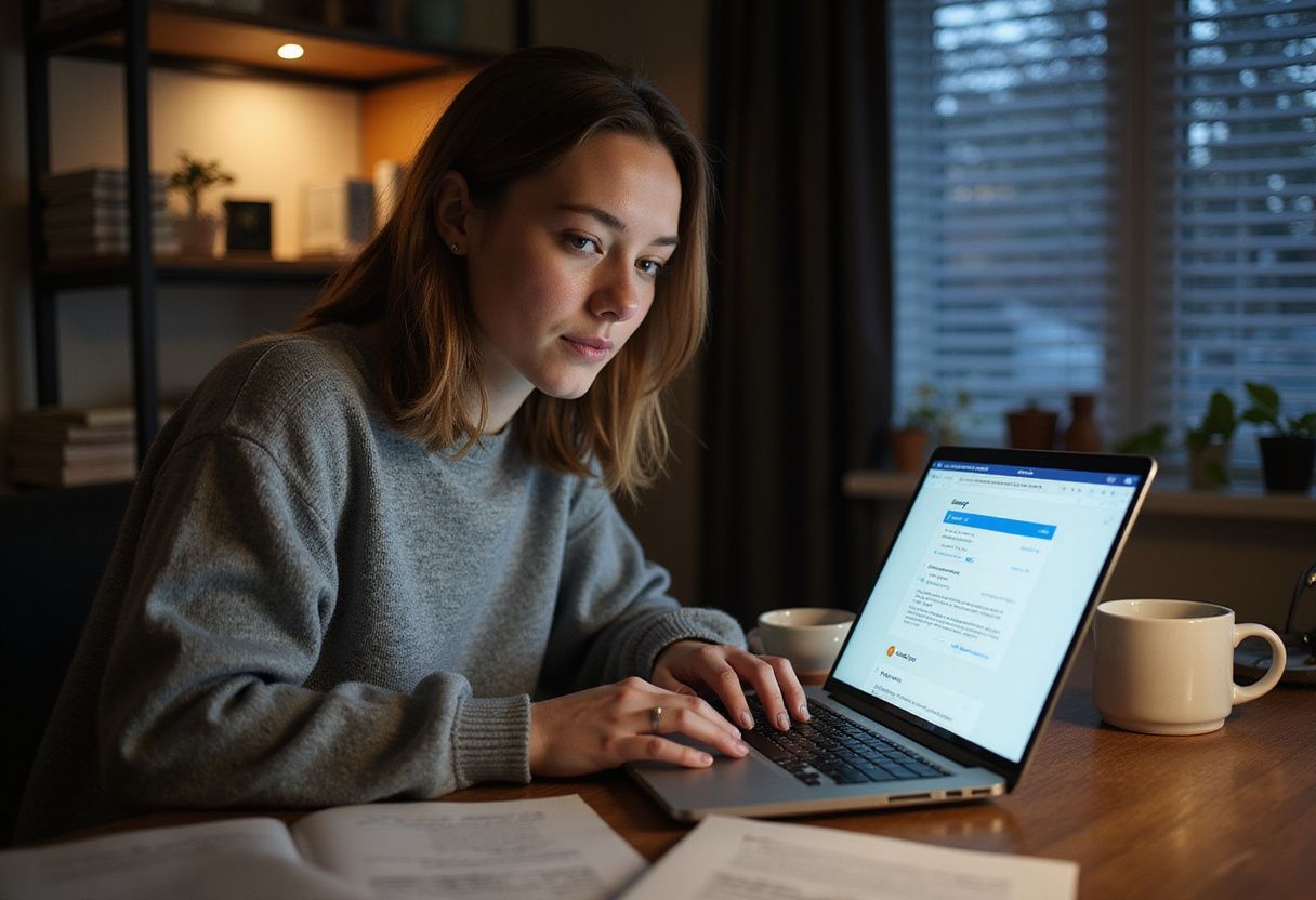A woman works intently at her desk using HubSpot's marketing tool.