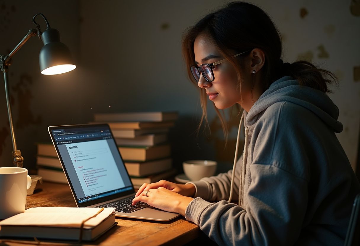 A college student focuses on writing with Grammarly on her laptop.
