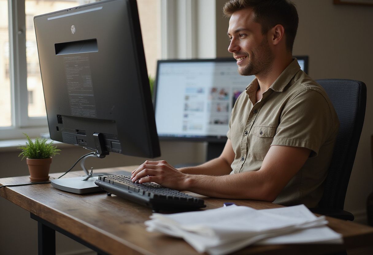 A person works calmly at a modern walnut desk with papers.