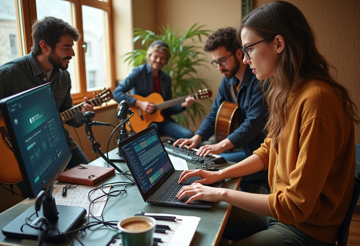Young musicians collaborate in a vibrant recording studio filled with instruments.
