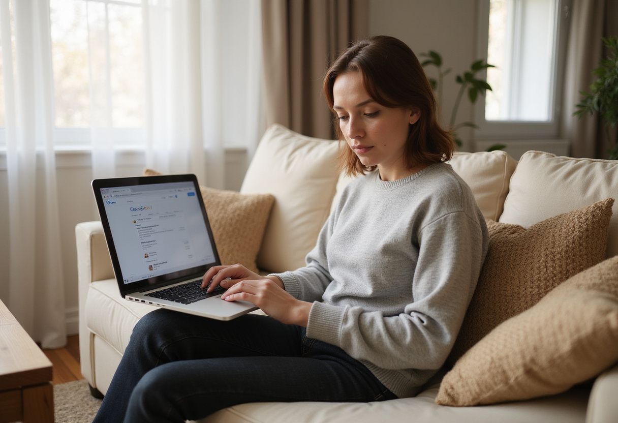A woman in a sweater uses a laptop on her sofa.