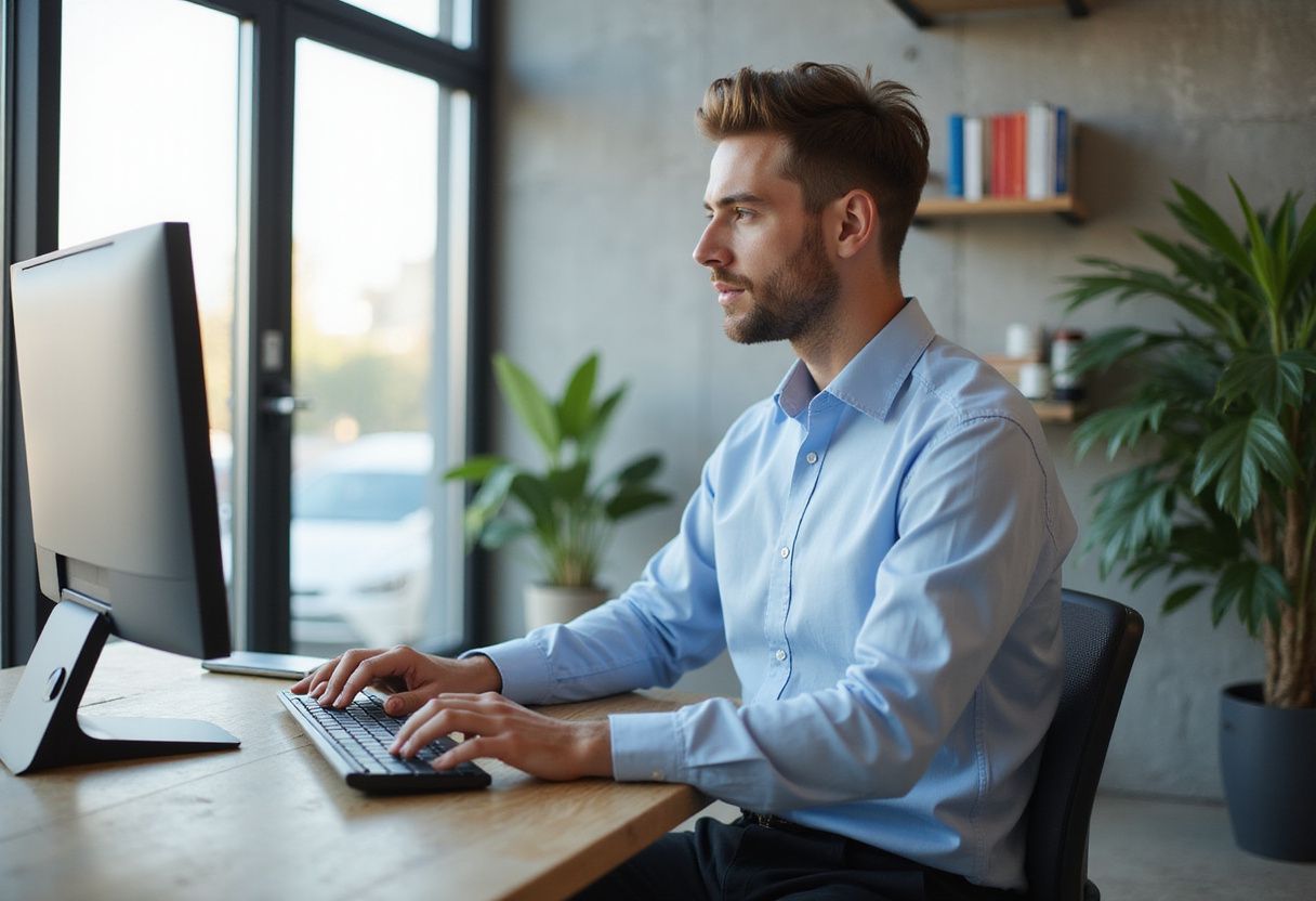 Young marketing professional working at a sleek modern office desk.