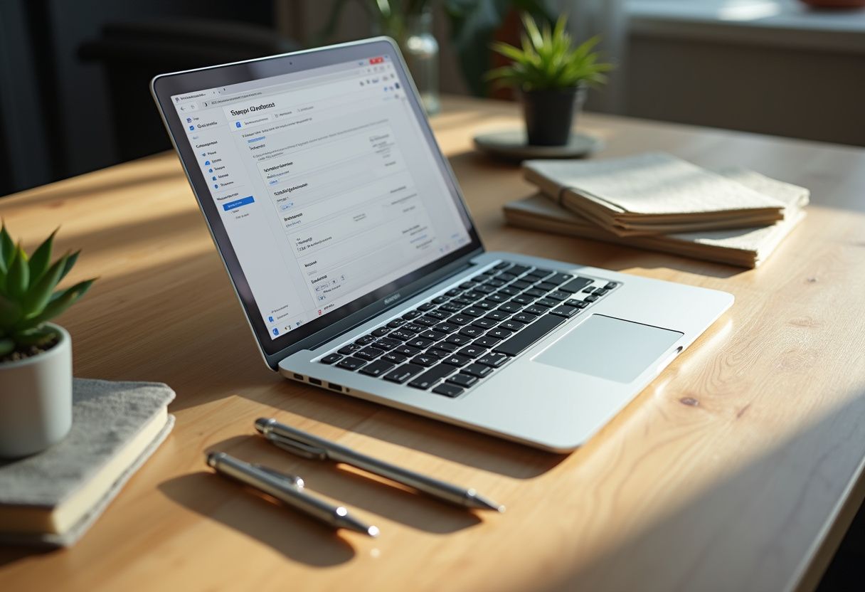 A modern desk features a laptop, notebooks, pens, and a succulent. A modern desk features a laptop, notebooks, pens, and a succulent.