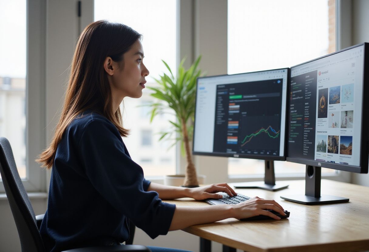 A focused woman works at a minimalist desk with multiple monitors.