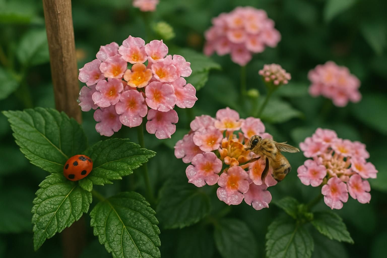 A vibrant garden filled with blooming flowers and insects.