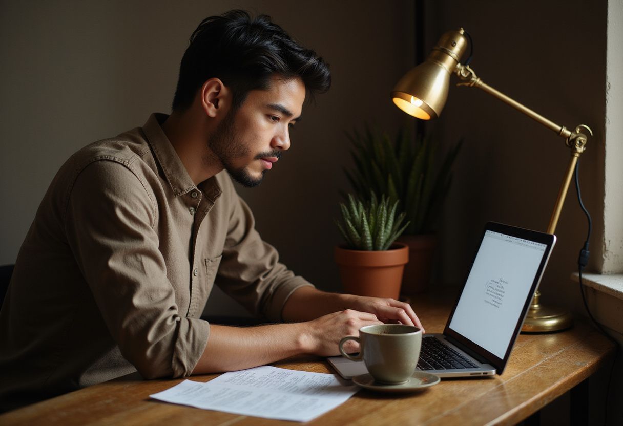 A focused young professional works at a wooden desk with Cici AI. A focused young professional works at a wooden desk with Cici AI.