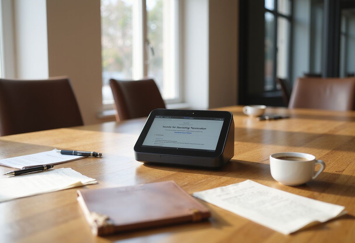 A conference room featuring an AI device and meeting materials.