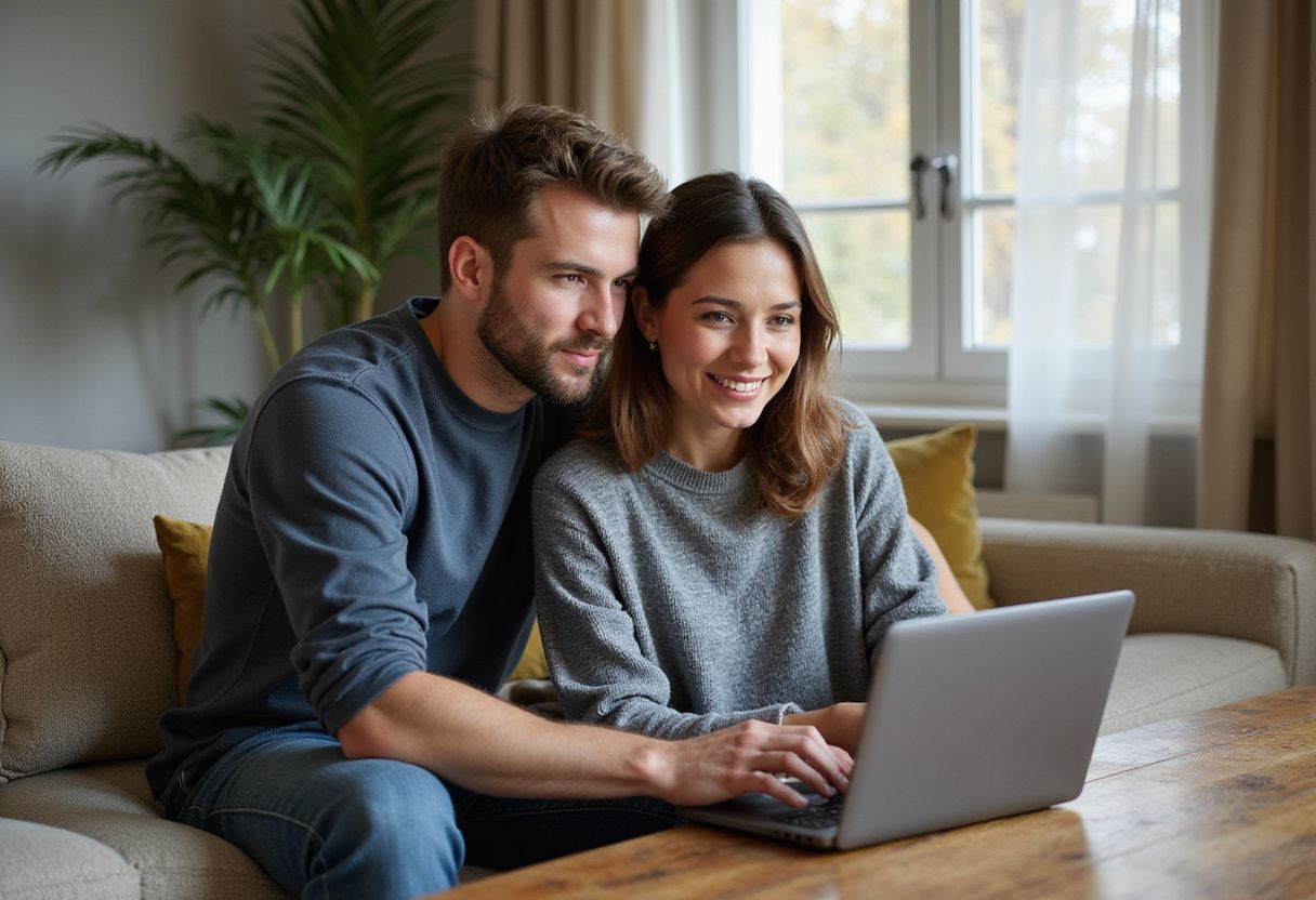 A couple excitedly explores a digitally transformed photo together. A couple excitedly explores a digitally transformed photo together.