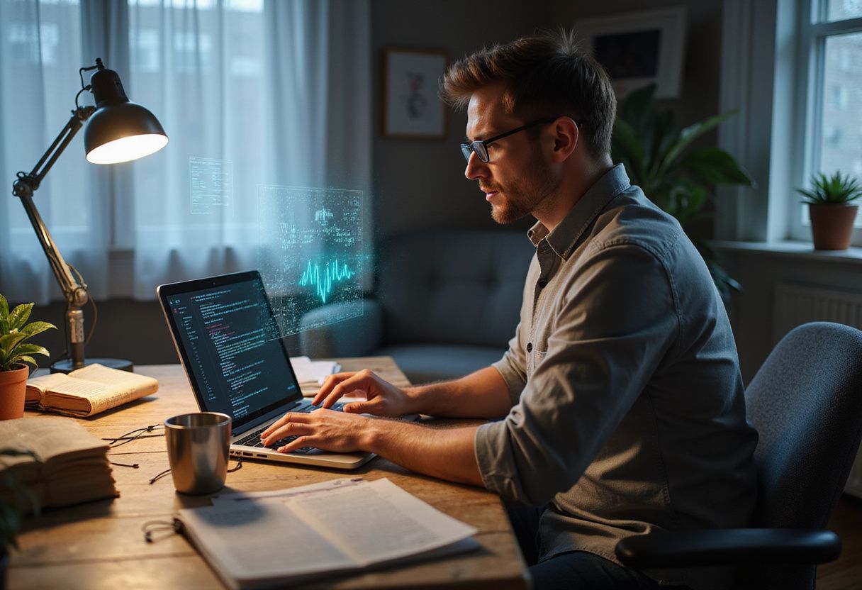 A focused man troubleshooting a machine problem at a cluttered desk.