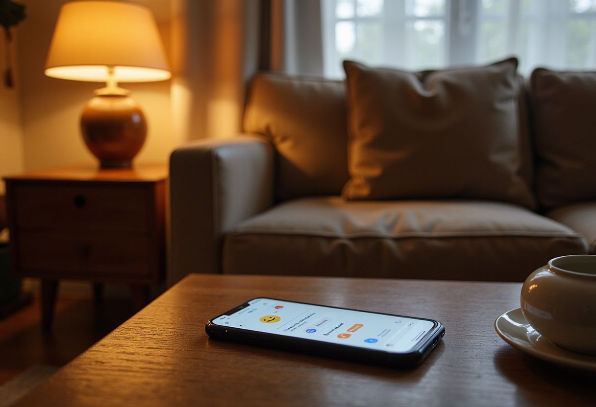 Cozy living room featuring a smartphone displaying GoatChat AI interface.
