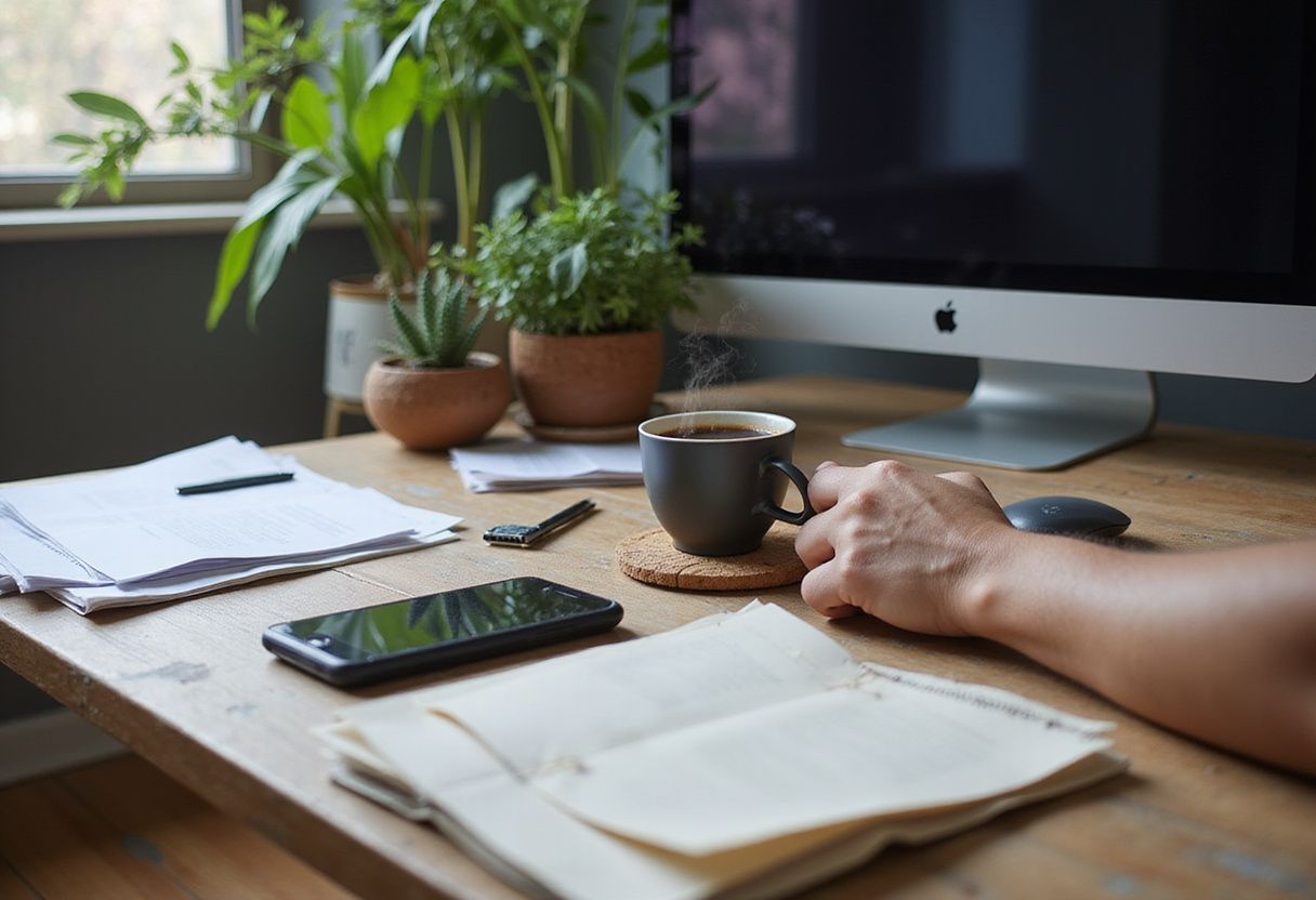 A cluttered office desk with work materials and coffee. A cluttered office desk with work materials and coffee.