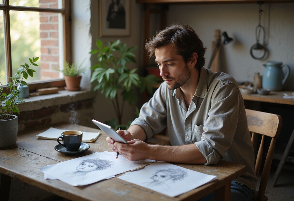 An artist sketches character designs on a tablet in their studio. An artist sketches character designs on a tablet in their studio.