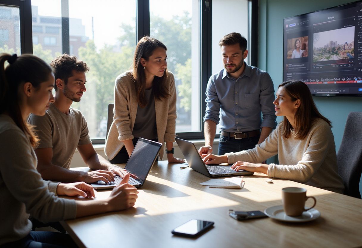A diverse group of young professionals collaborates in a modern workspace. A diverse group of young professionals collaborates in a modern workspace.