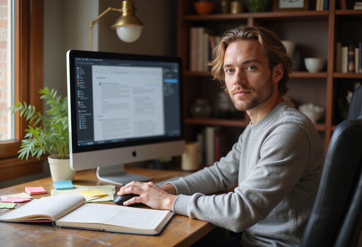 A cozy home office features a focused individual working at a cluttered desk.