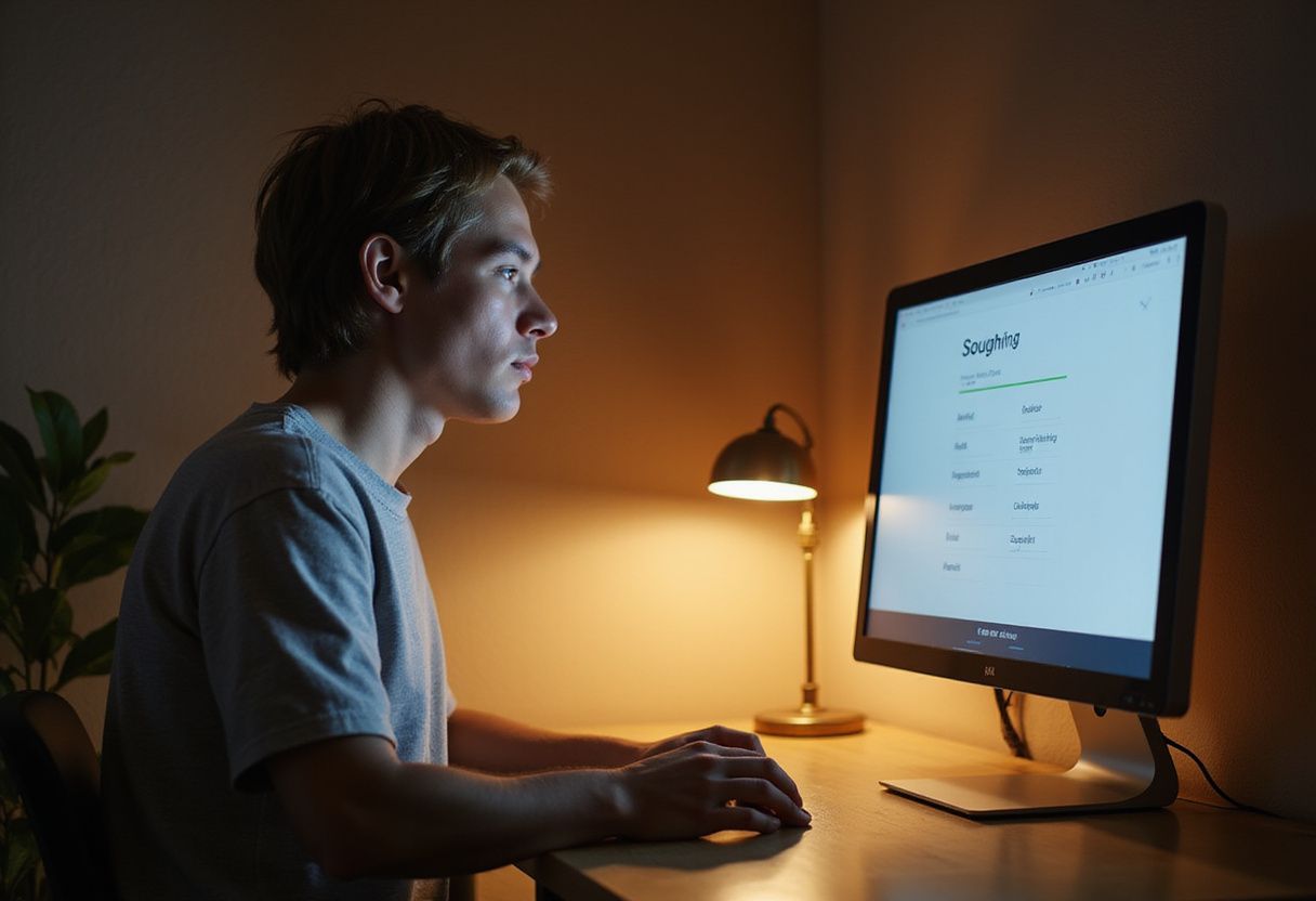 A focused individual uses voice generation software at a minimalist desk. A focused individual uses voice generation software at a minimalist desk.