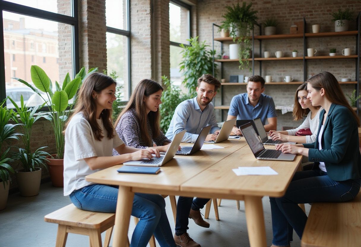 A group of young professionals collaborates in a modern coworking space.