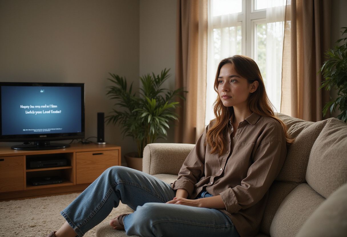 A young woman relaxes on a sofa, engaging with multiple screens. A young woman relaxes on a sofa, engaging with multiple screens.
