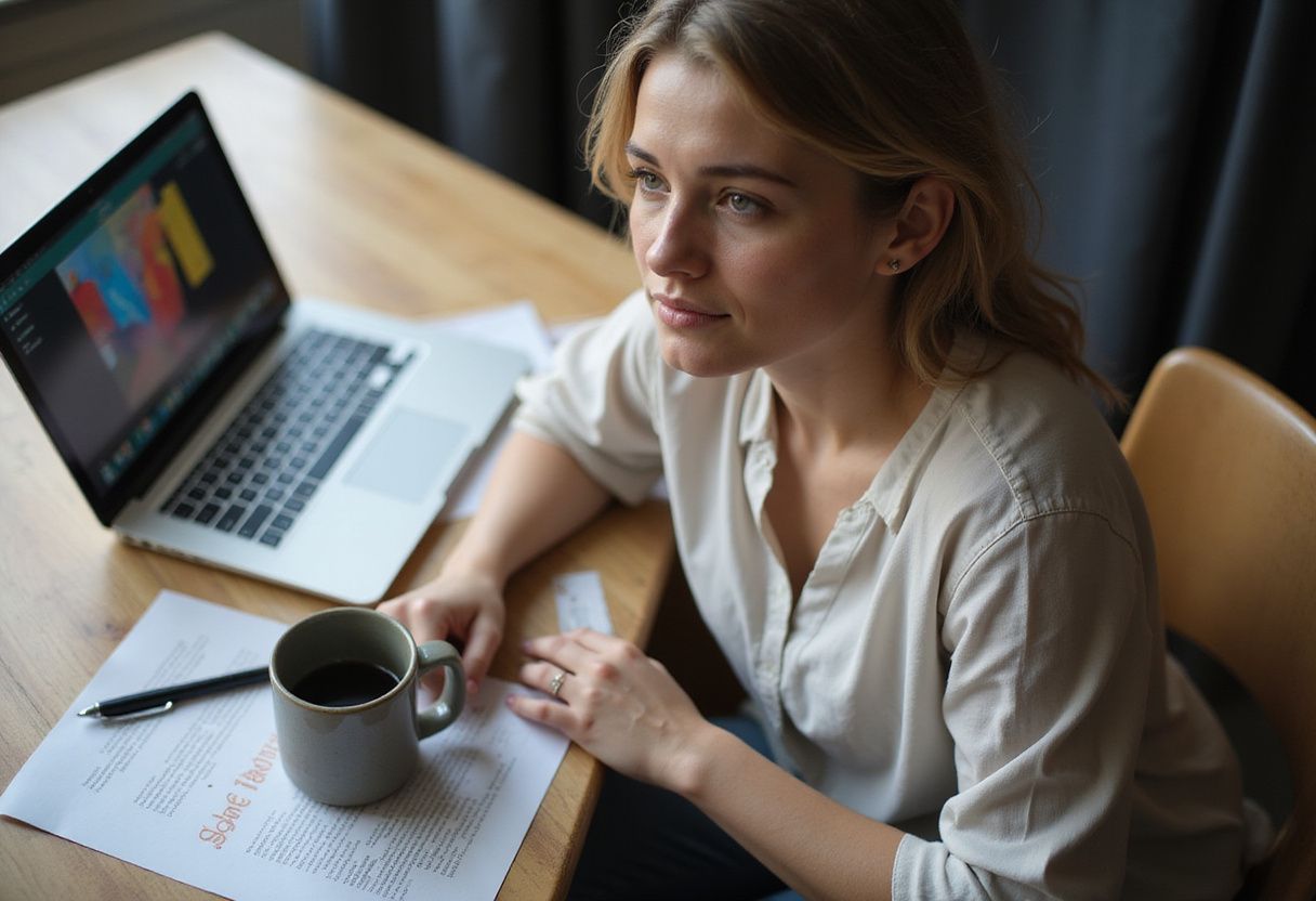 A woman focused on her laptop at a wooden desk.