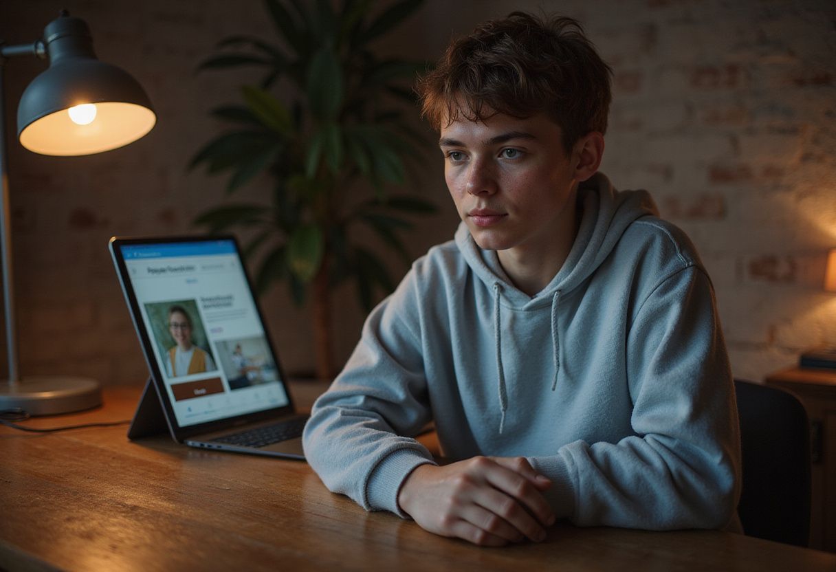 A young adult focuses intently on a laptop at a wooden desk.