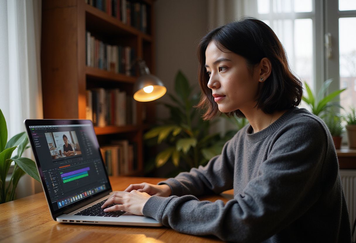 A focused individual edits video in a cozy home office.