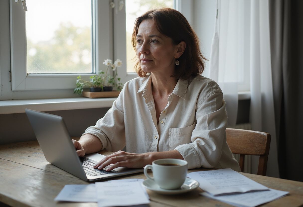 A middle-aged woman focuses intently on her laptop at a desk.