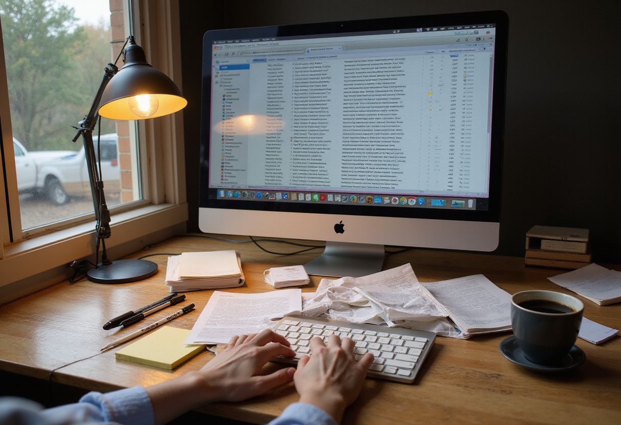 A chaotic workspace filled with papers, a computer, and scattered supplies.