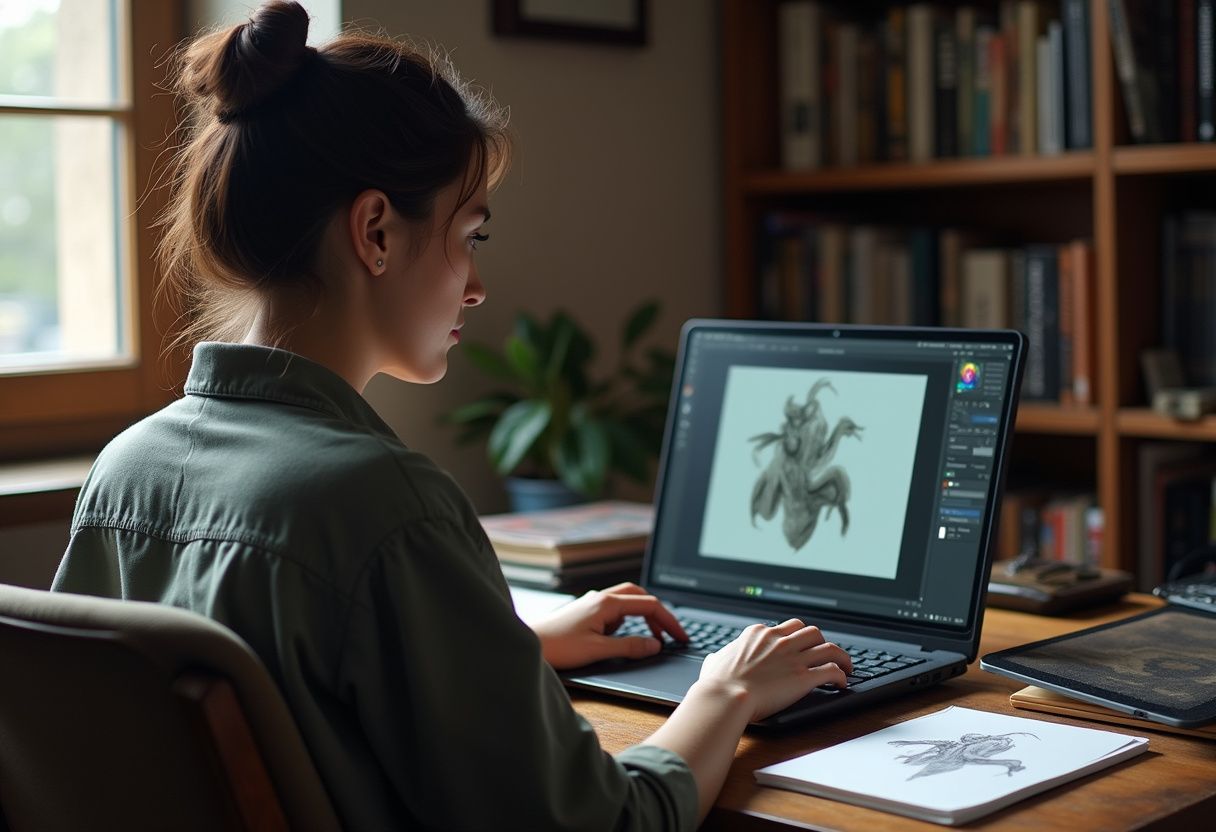 A focused person edits images at a cluttered wooden desk.