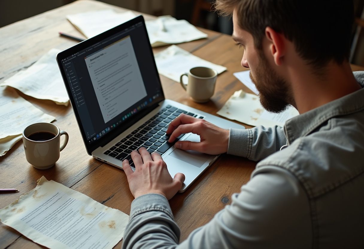A focused writer at a cluttered desk works on their laptop. A focused writer at a cluttered desk works on their laptop.