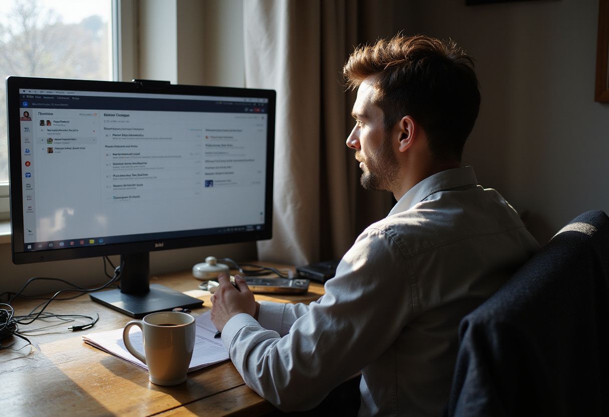 A person focused on a video call in a cluttered home office. A person focused on a video call in a cluttered home office.