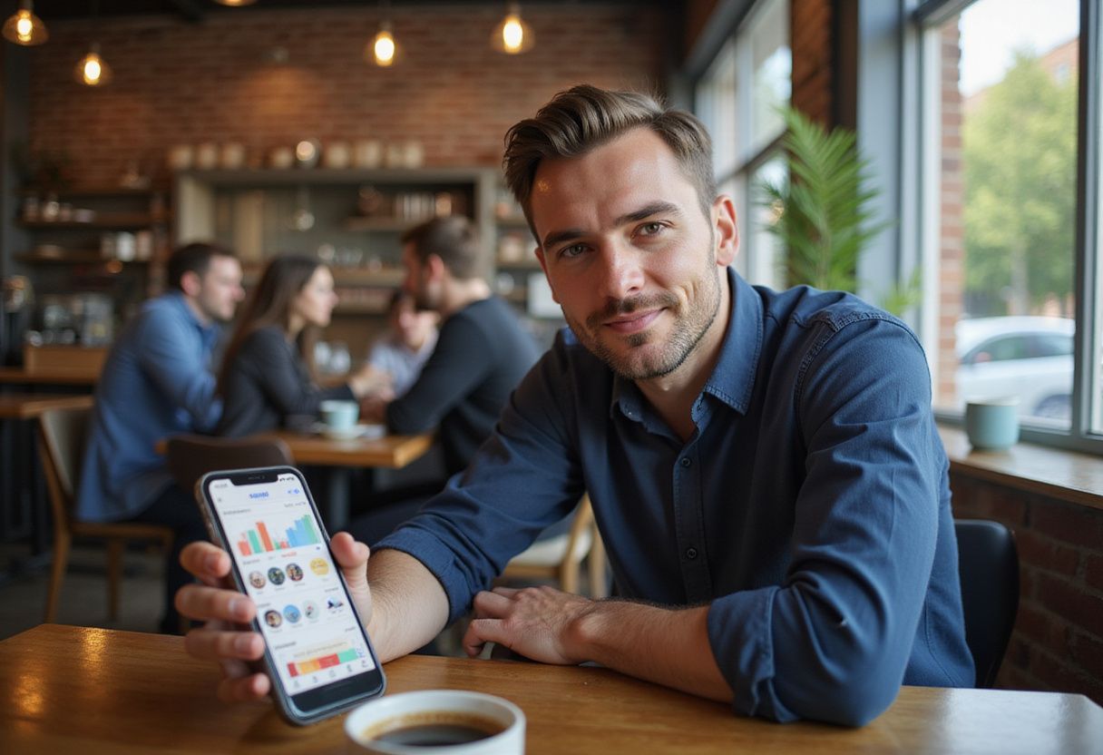 A focused man uses a smartphone in a lively coffee shop.