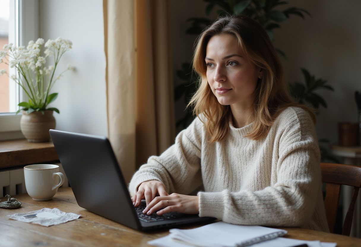 A woman focuses intently on her laptop in a cozy home office. A woman focuses intently on her laptop in a cozy home office.