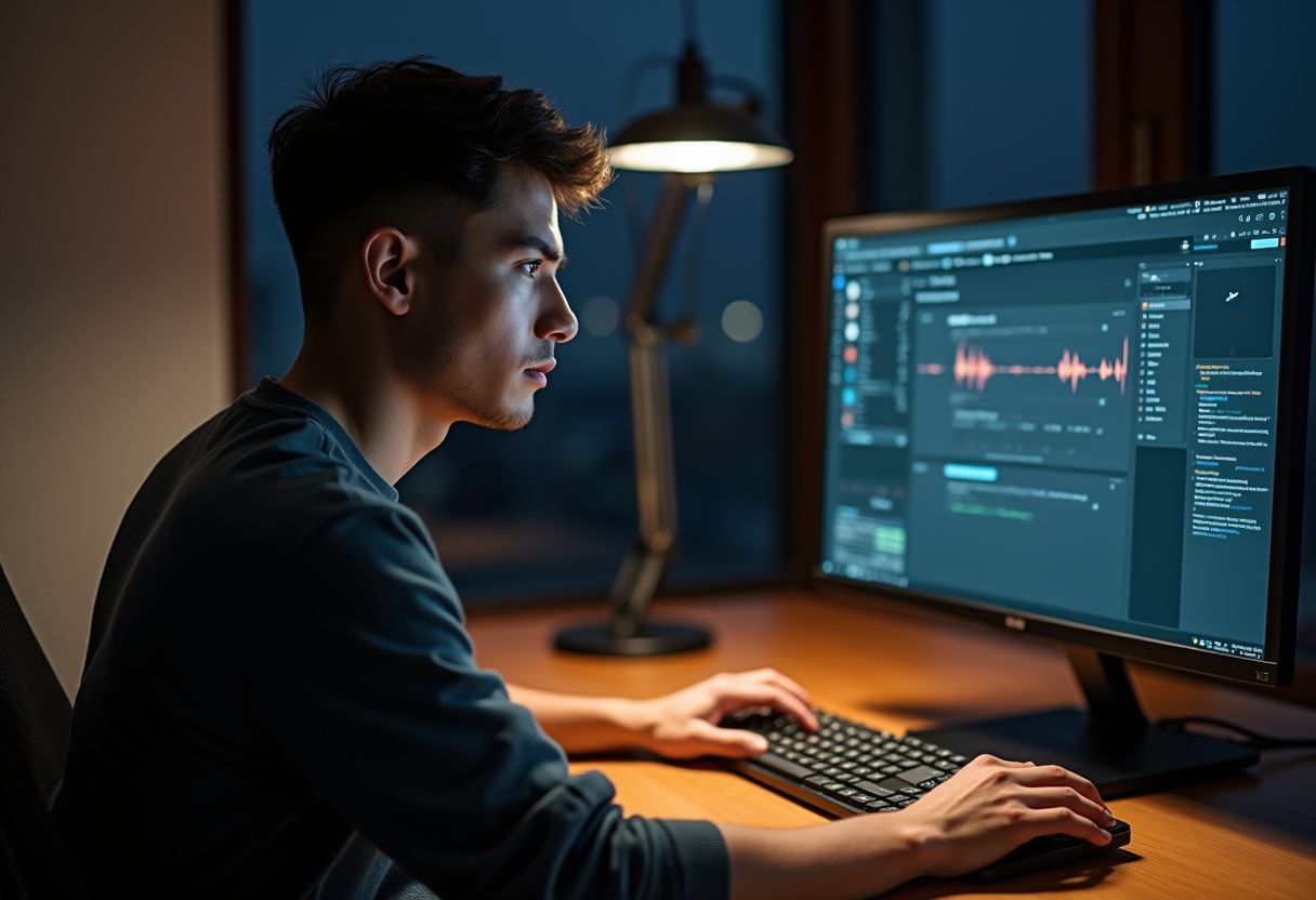 A focused AI engineer works late at night at their desk.