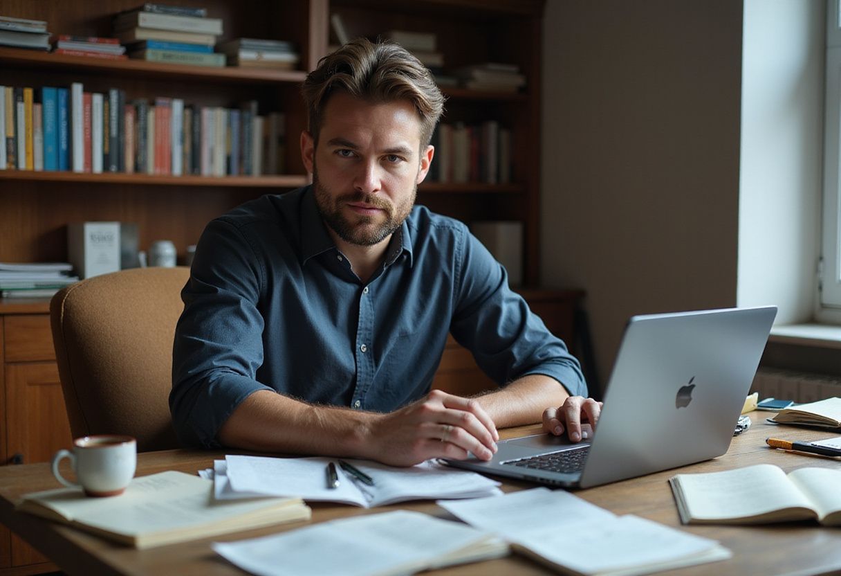 A focused man works at a cluttered wooden desk.
